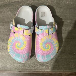 SHEIN Pink and Yellow Tie-Dye Mules